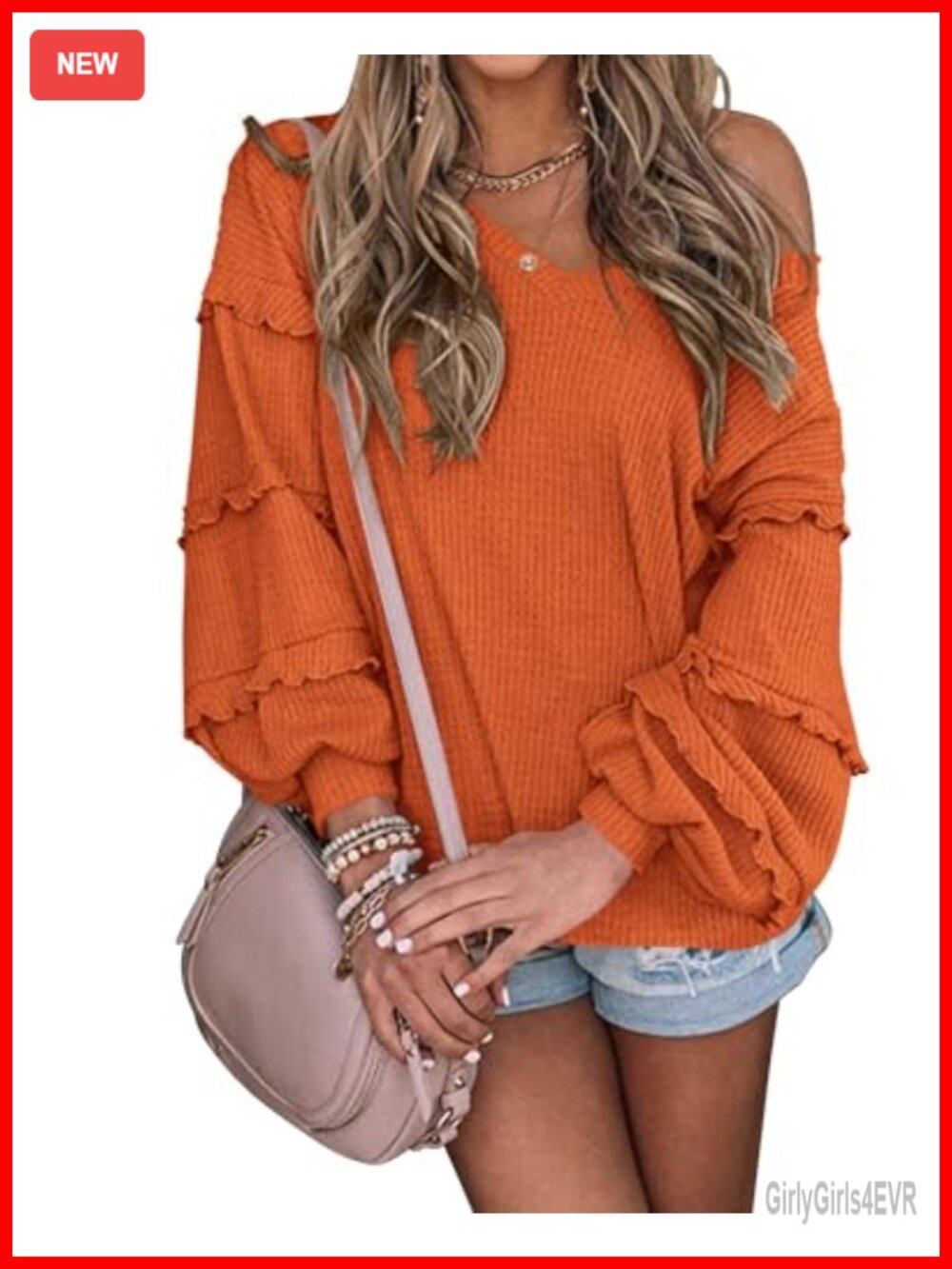 Waffle Knit Blouse Ruffle Sleeve V Neck Off Shoulder Tunic Top Women